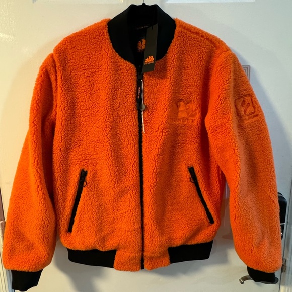 Sundek Teddy Reversible Bomber Jacket Neon Orange Winter Sherpa Warm $232 Retail - Picture 1 of 16